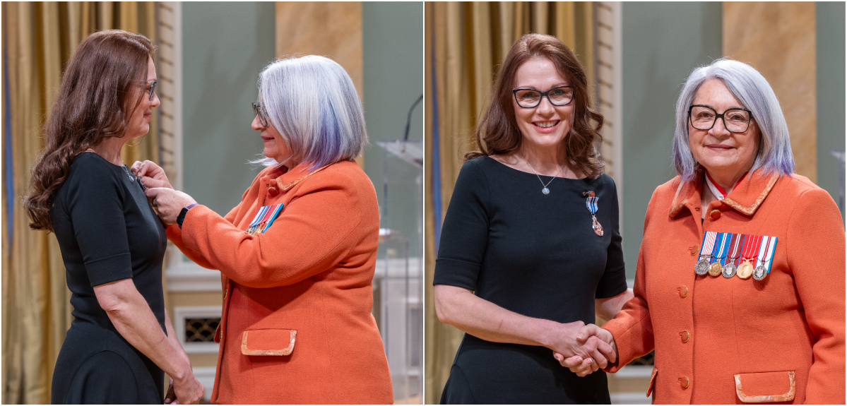 A collage of two images; on the left, a woman pins an award to another woman's chest; on the right; two women stand side-by-side shaking hands