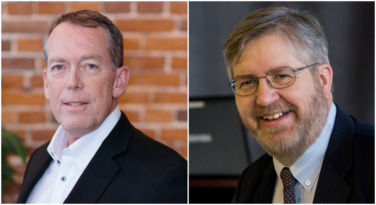 Two headshots side-by-side of men wearing white dress shirts and a black suit jacket