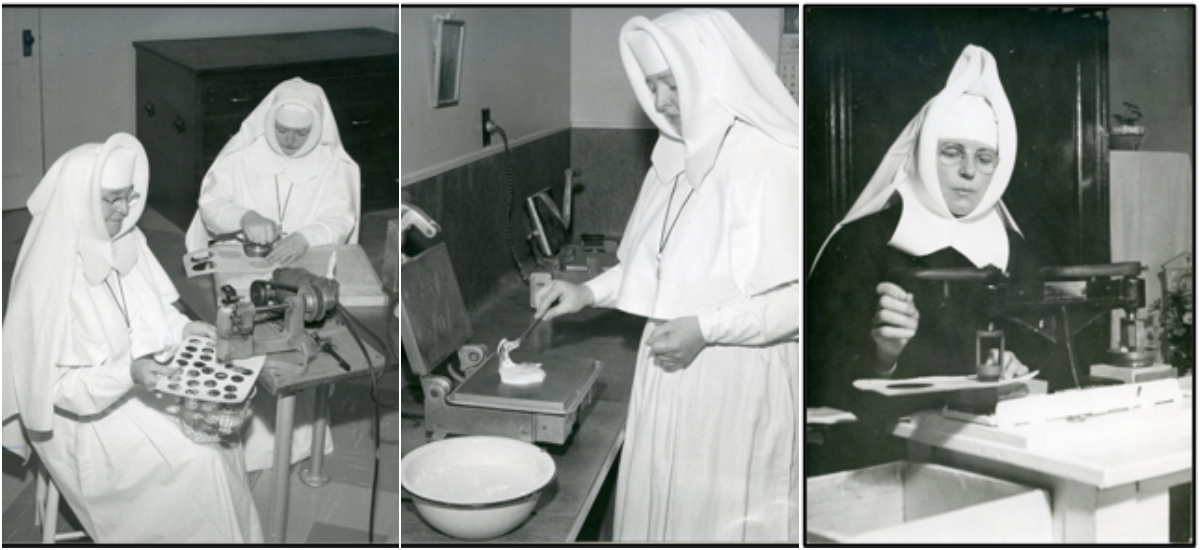 Three archival black-and-white photos showing Sisters wearing habits working to create altar bread. In the first image, two Sisters sit at a small worktable preparing and cutting altar breads. In the second, a Sister spreads batter onto a heated press. In the third, a Sister uses a scale to measure ingredients or finished altar bread products.