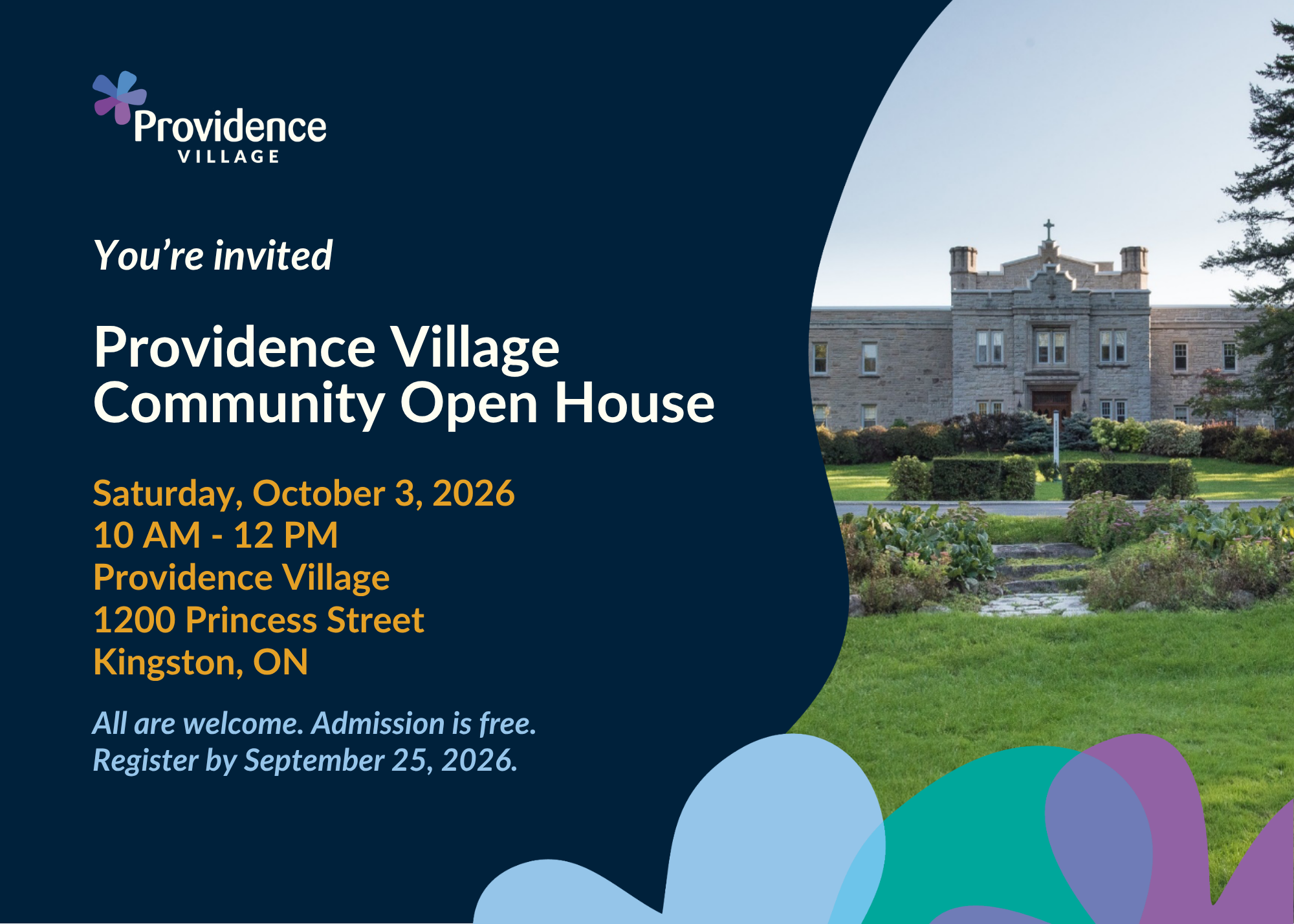 Aerial view of the Providence Village campus and surrounding Kingston neighbourhood, showing a large historic stone building complex with a chapel, landscaped grounds and mature trees in the foreground. A multi-storey building is under construction behind the complex, with residential buildings and tree-lined neighbourhoods extending into the distance. Text reads: “Providence Village Community Open House. October 3, 2026 | 10 AM–12 PM. Everyone is welcome, and admission is free. Register now!”